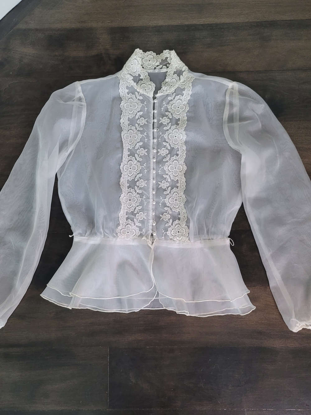 VINTAGE Shelley Johnson Twin Peaks Sheer Peplum Blouse Lace Trim Pearl Buttons